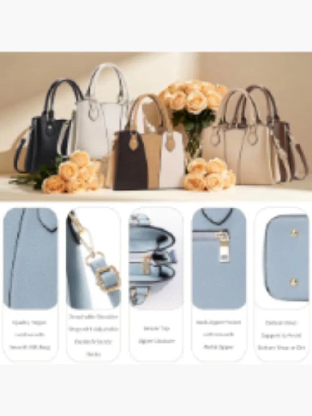 Women's Vegan Leather Crossbody Satchel Handbag with Zipper, Tote Shoulder Bag